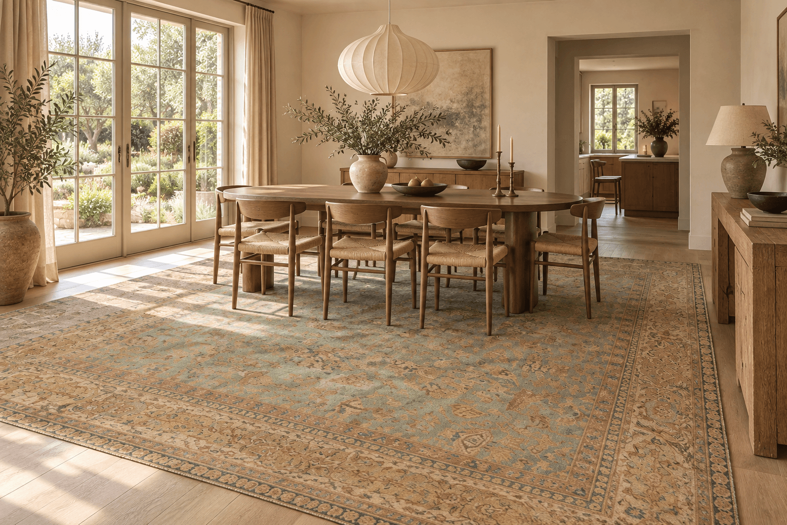 Room maker concept: mineral-blue Agra beneath a generous dining table in a warm, light-filled family room