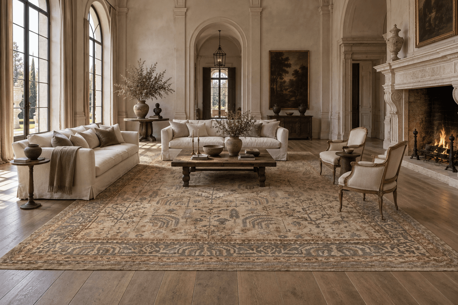 Architectural collector room concept: monumental Oushak grounding a grand salon with tall arched windows