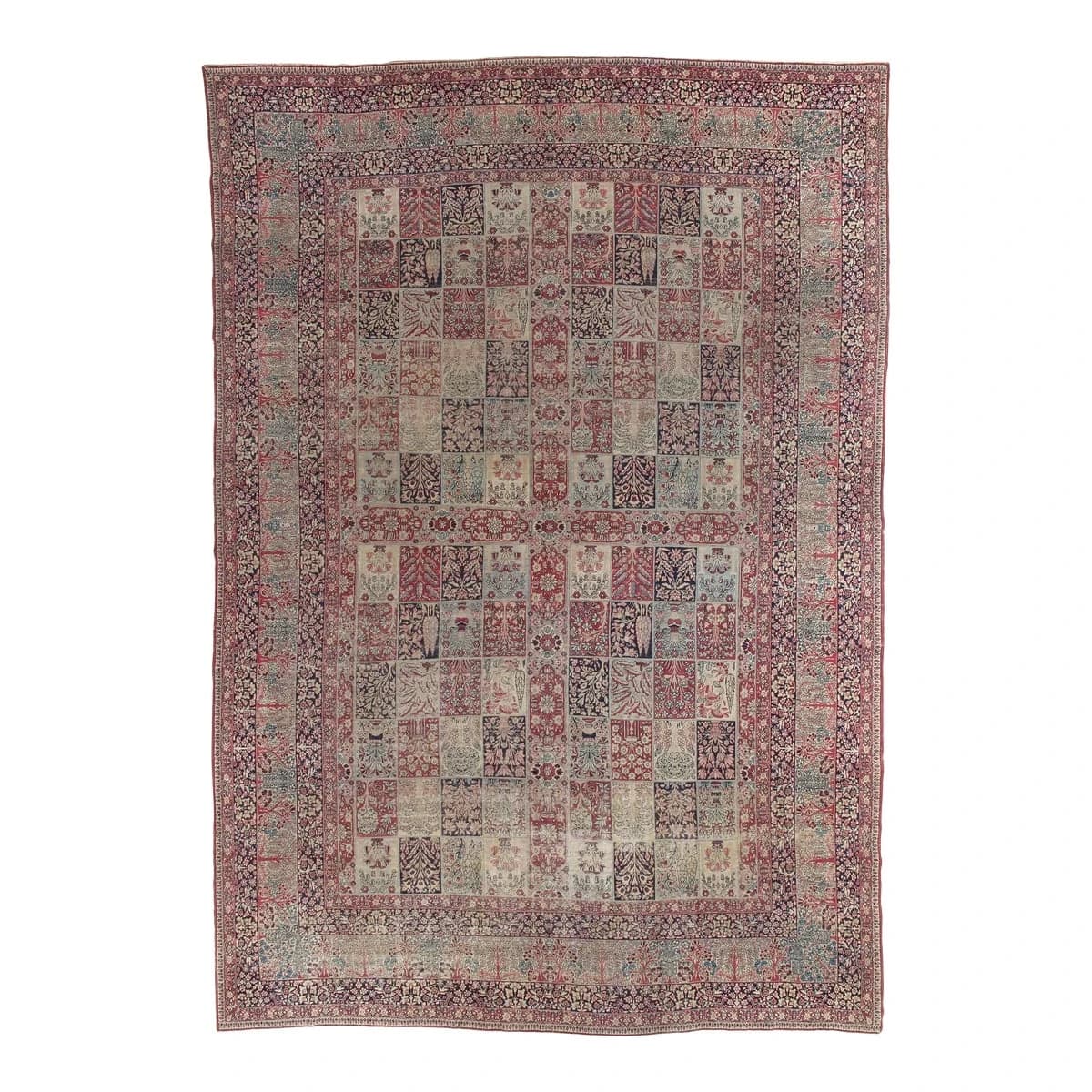 Antique Lavar Kerman Wool Multi Color Ivory & Red Wine Rug