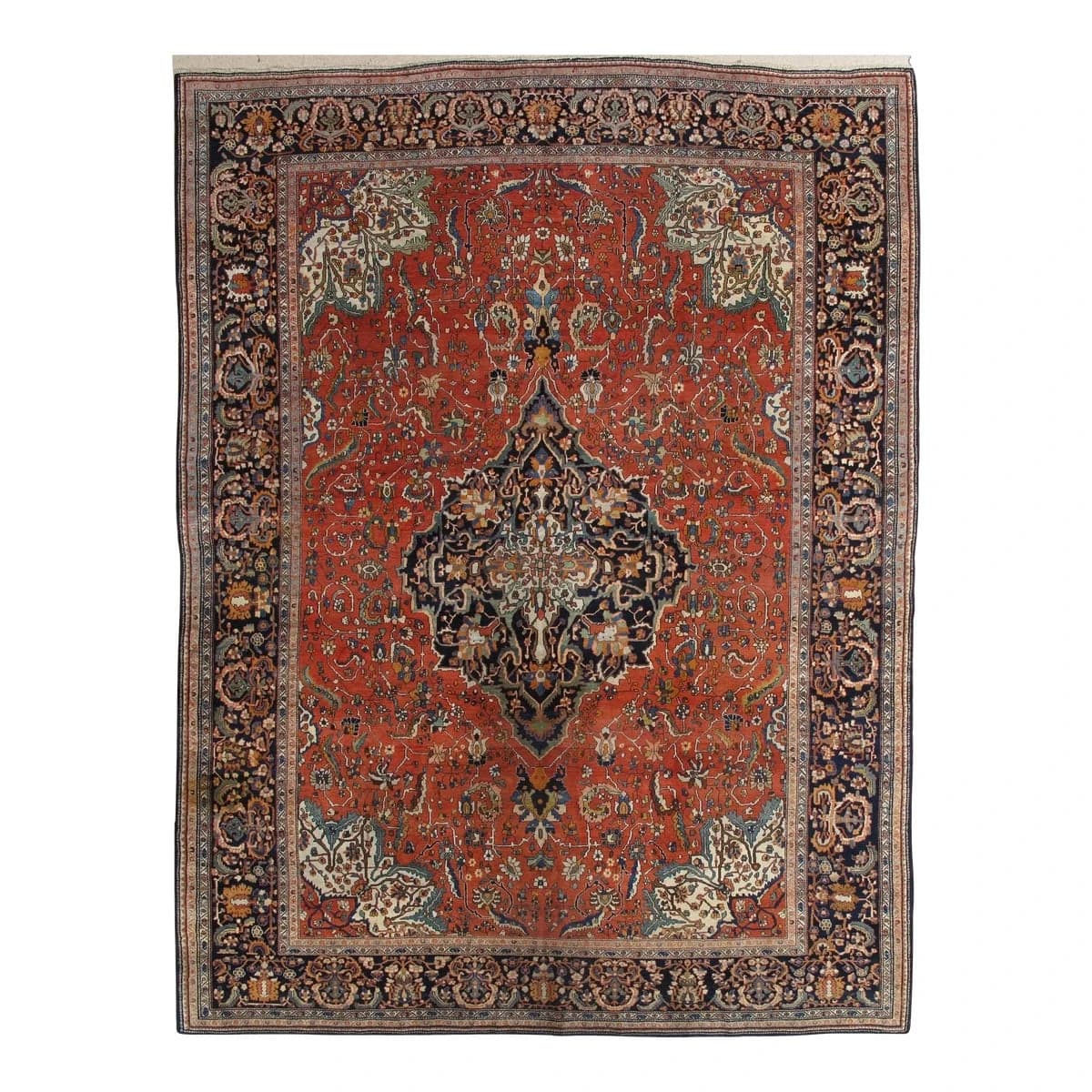 Antique Farahan Sarouk Rusty Red & Navy Blue Rug