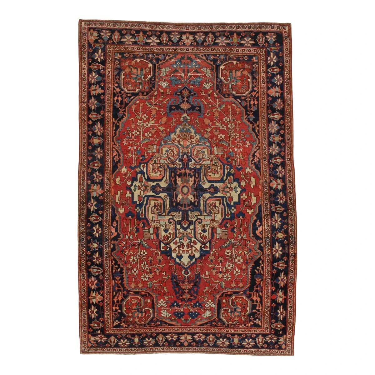 Antique Farahan Sarouk Rusty Red & Navy Blue Rug