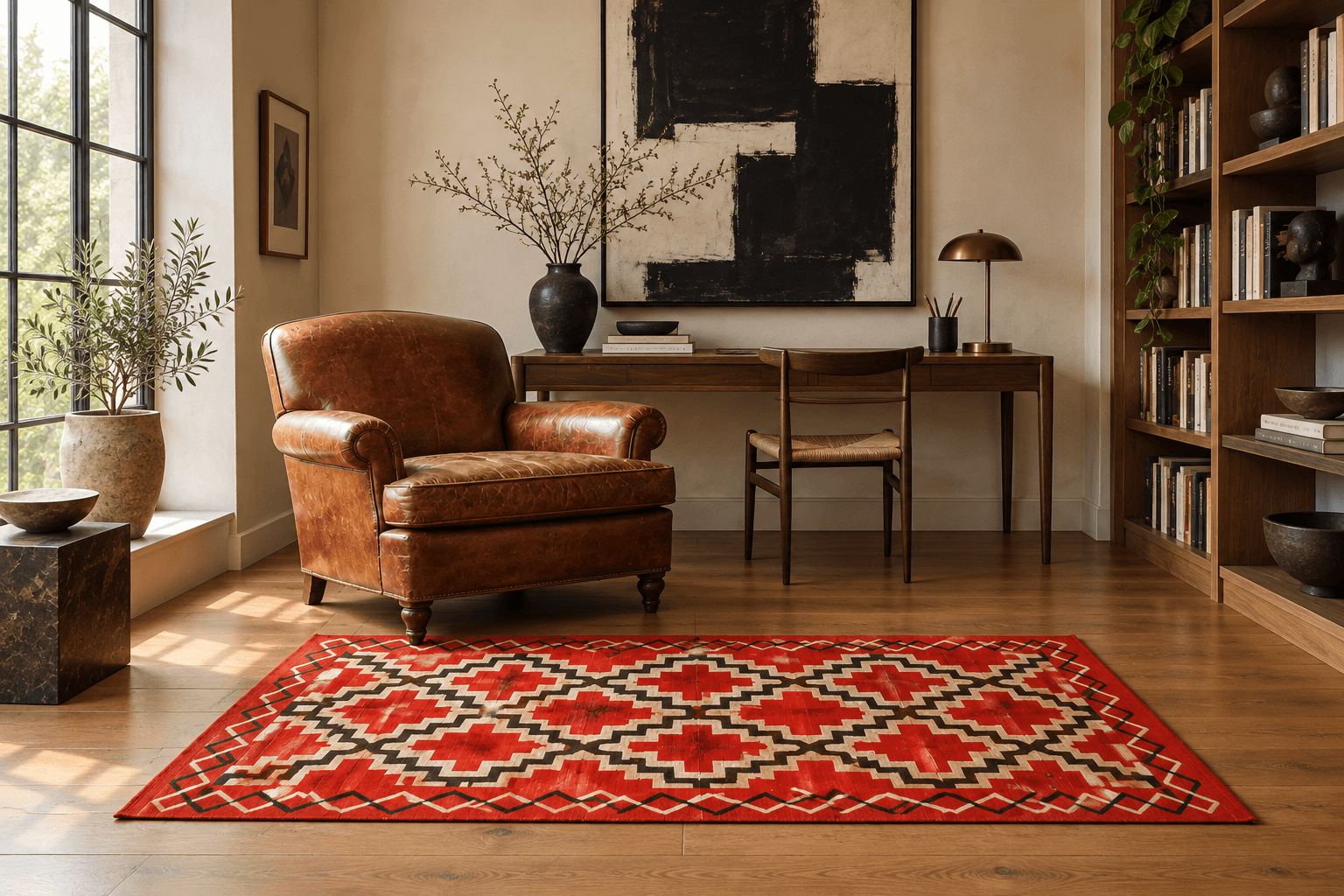 Graphic collector room concept: red Navajo rug in an intimate art-filled study with a leather reading chair