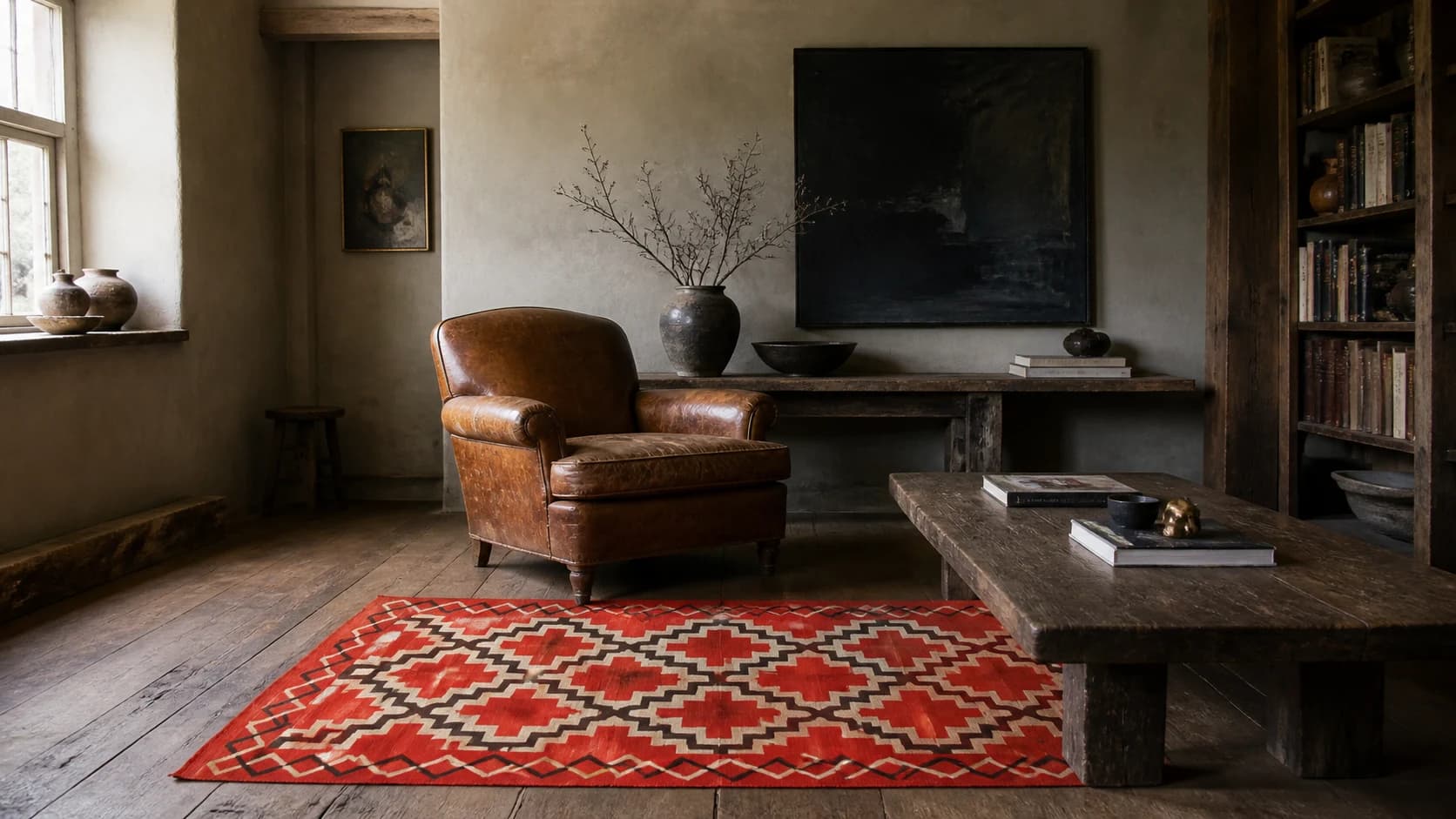 Red Geometry Navajo rug on a wood floor in a study with a leather armchair