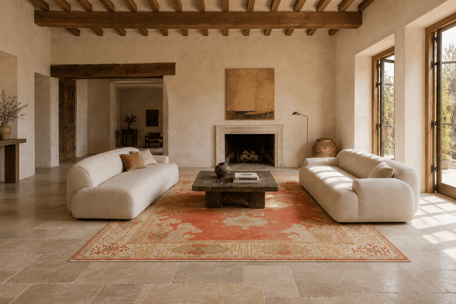 Wide room visualization with Saffron Garden, cream sofas, and stone floor around the rug